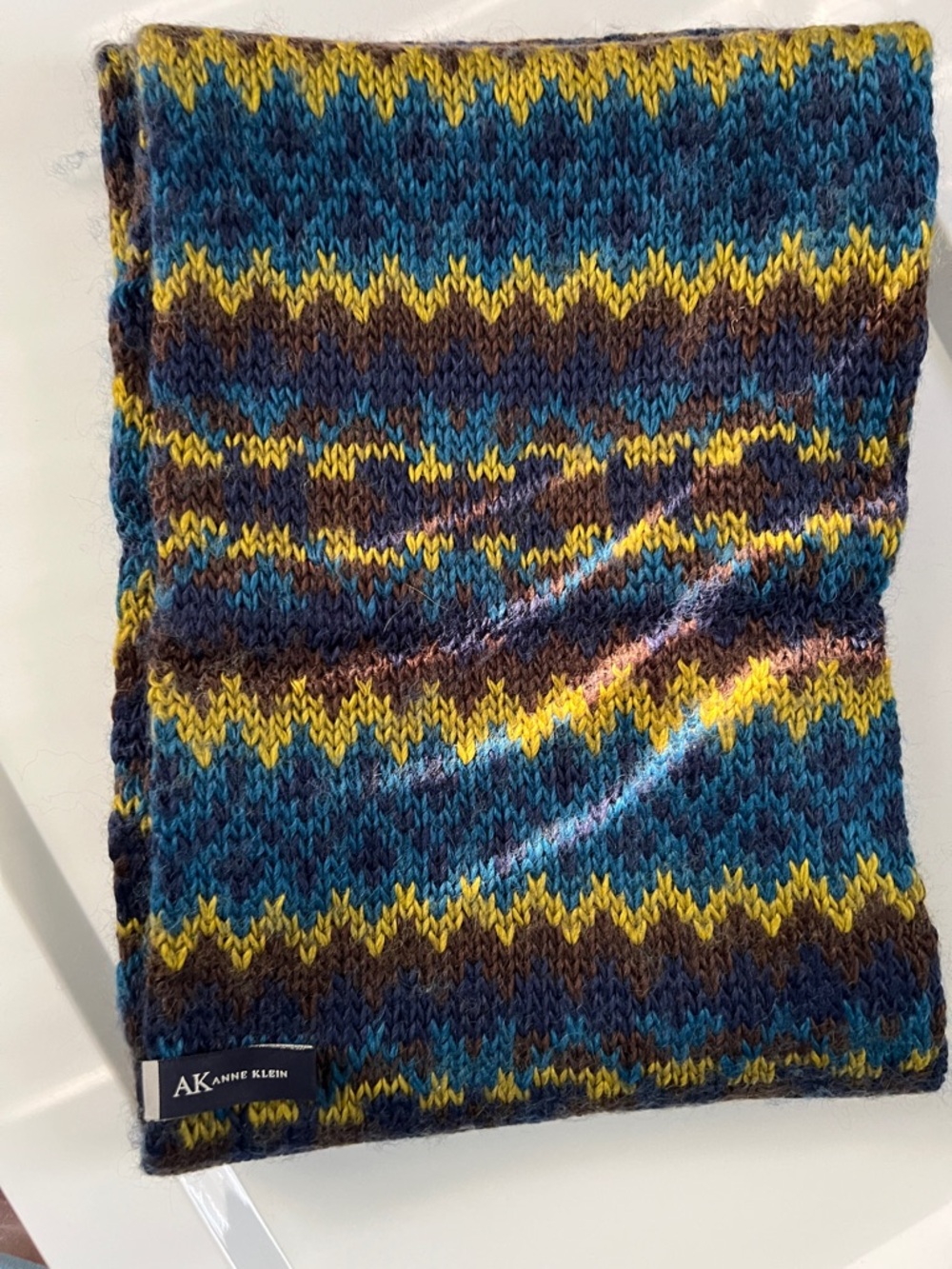 Anne Klein women’s Blue, Yellow & Brown Patterned Knit Scarf